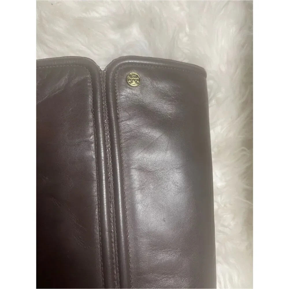 Tory Burch leather Brown Knee-High Wedge Boots back zipper gold tone accent.SZ11